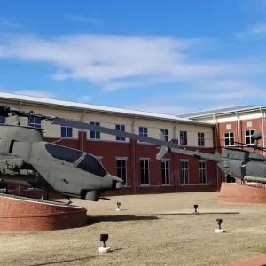 fort rucker headquarters with helicopter displays