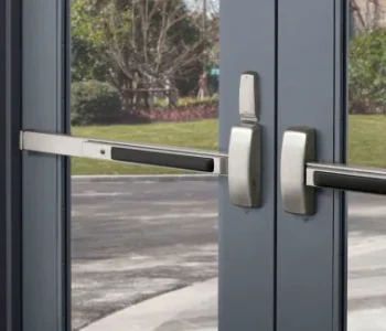 outside hollow metal frame door with panic bar and window