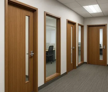 office hall way with wood doors and brown hollow metal frames
